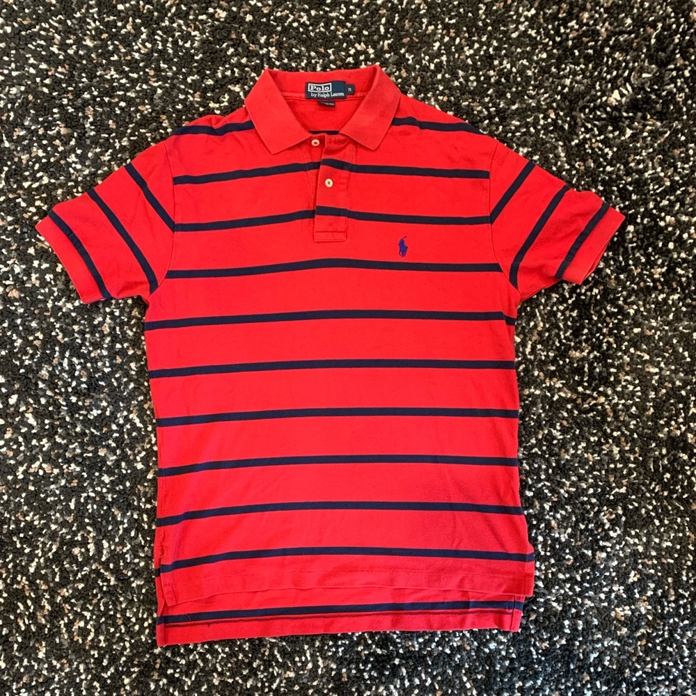 Polo by Ralph Lauren Men’s polo shirt. Red with navy blue stripes. Size Medium.